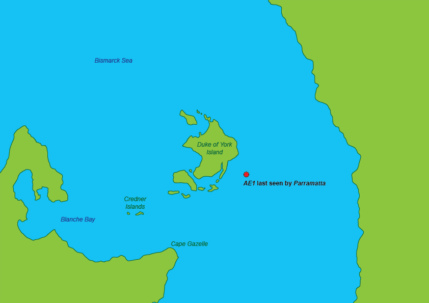 Chart showing the last known position of AE1 as observed by HMAS Parramatta.