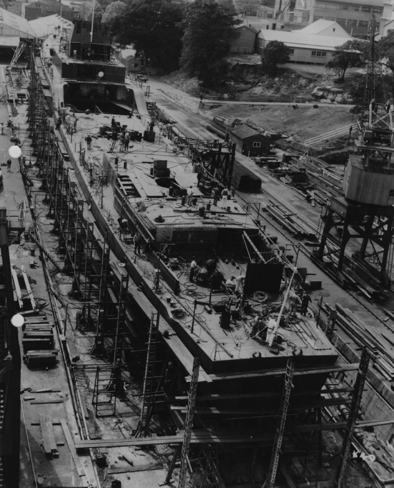 A port quarter view of Vampire on the slipway prior to her launching, October 1956.