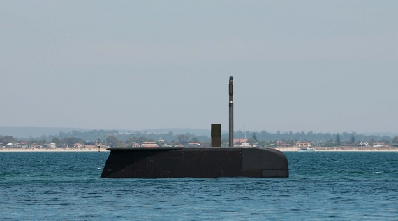 HMAS Collins conducting basin trials between Diamantina and Parkes Wharf at Fleet Base West.