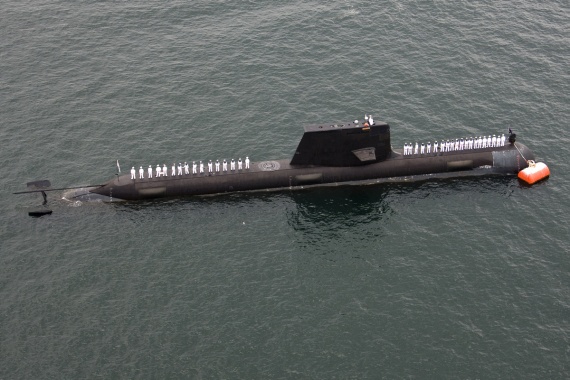 HMAS Farncomb at anchor during Fleet Divisions in March 2009.