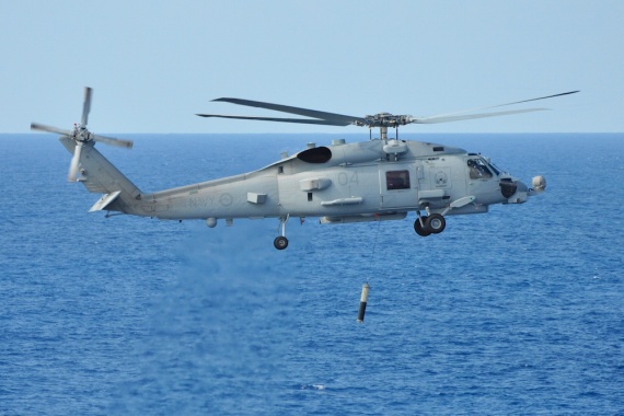 The Royal Australian Navy’s MH-60R Romeo helicopter conducts functional testing of the newly fitted Airborne Low Frequency Sonar System (ALFS) off the coast of Jacksonville, Florida.