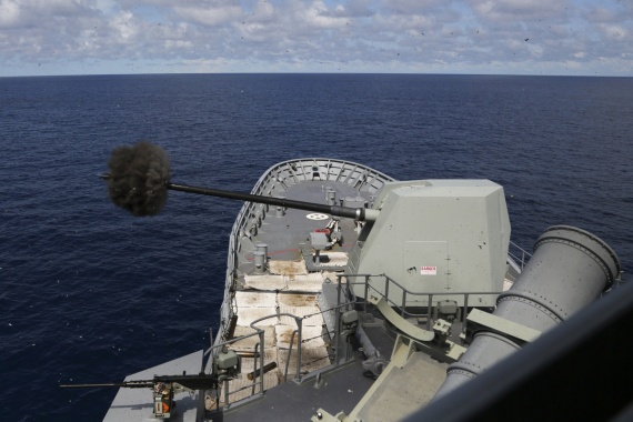 HMAS Warramunga fires their Mk 45 5-inch gun the Northern Australian Exercise Area during Exercise KAKADU 2016.