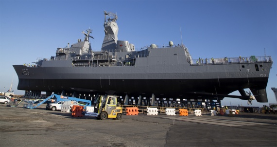 HMAS Stuart during undocking at BAE Henderson Dockyard after completing the Anti-ship Missile Defence Upgrade.