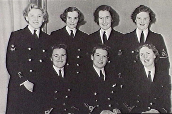 Senior WRANS from HMAS Harman Naval Wireless Station at the fourth birthday of the service. Left to right, back row: Daphne Wright, Frances Provan (WRAN No. 1), Shirley Drew, Joan Cade; Front row: Third Officers Joan Hodges, Billee Thompson, Jess Prain. Canberra, ACT, c1945. Australian War Memorial Collection.