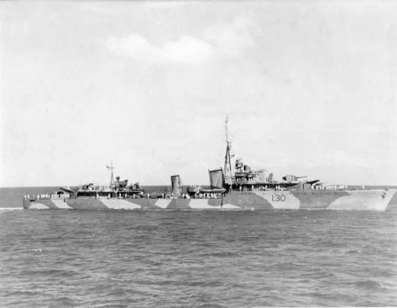 HMAS Arunta wearing her wartime disruptive camouflage paint scheme and original pennant number - I30.