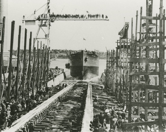 HMAS Biloela being launched at Cockatoo Island Dockyard on 10 April 1919