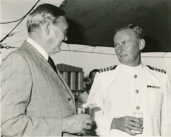 Captain Ian Callaway, RAN confers with Sir John Gorton onboard Stalwart in 1980.