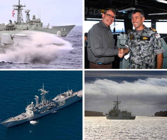 Top left: HMNZS Te Mana steams past HMAS Darwin during Officer of the Watch manoeuvres with HMAS Anzac in the East Australian Exercise Area during the Fleet Concentration Period.<br />
Top right: Minister for Defence, Senator The Hon. John Faulkner, is welcomed onboard HMAS Darwin by the CO, CMDR Chris Smith, CSM, RAN.<br />
Bottom: HMAS Darwin at anchor in Jervis Bay near HMAS Creswell.