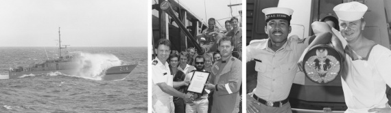 Left: Dubbo in rough seas. Middle: ABET Danny Liddell receives commendation award from LCDR Rankin, Commanding Officer of Dubbo, for his outstanding performance during 1994. Right: ABBM Neil Forsyth (right), from HMAS Dubbo, welcomes to Australia Amir Amiruddin (left) from the Indonesian Navy’s KRI Pandrong during Exercise New Horizon 1993.