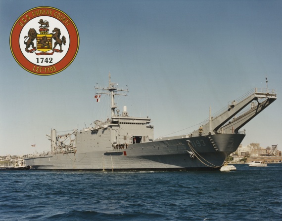 USS Fairfax County secured to a buoy in Sydney Harbour following her voyage from the USA to Australia. She decommissioned at Fleet Base East on 27 September 1994