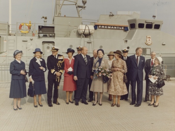 Naming ceremony of HMAS Fremantle on 8 October 1979 at Brooke Marine Shipyard, Lowestoft, England.