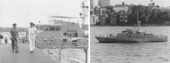 Left: The Chief of the Defence Force, General Sir Phillip Bennett, whilst visiting HMAS Cerberus, welcomed the chance to be shown over HMAS Geelong by LCDR Wintle, Operations Officer, c. 1984. Right: HMAS Geelong.