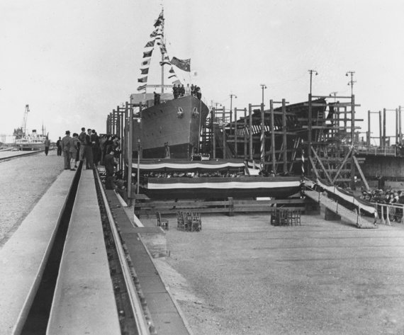 Whyalla prior to her launching at Broken Hill Pty Ltd, Whyalla on 12 May 1941.