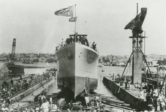 HMAS Yarra being launched by Mrs Florence Parkhill, wife of the Honourable, Sir Robert Archdale Parkhill, Minister for Defence