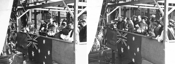 Mrs TS Punch, the Mayoress of Inverell, launching HMAS Inverell on 2 May 1942 at Mort's Dock & Engineering Co Ltd, Sydney.