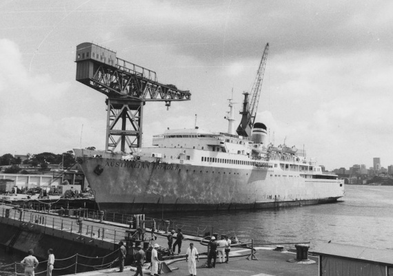 MV Australia Trader in Sydney after her acquistion by the RAN and before her conversion to a training vessel.