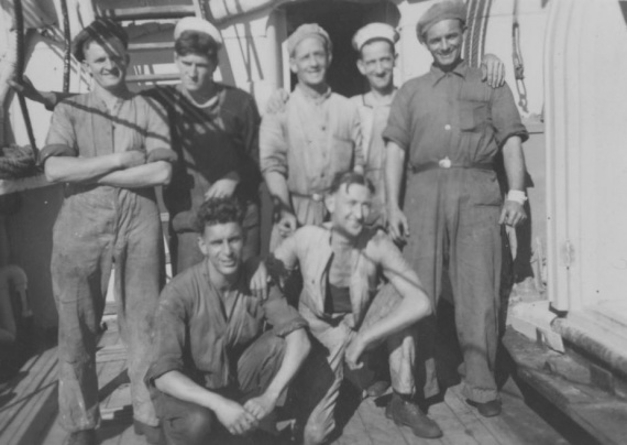 Front left: Stoker Ted Caton with members of Kybra's ship's company, circa 1941.