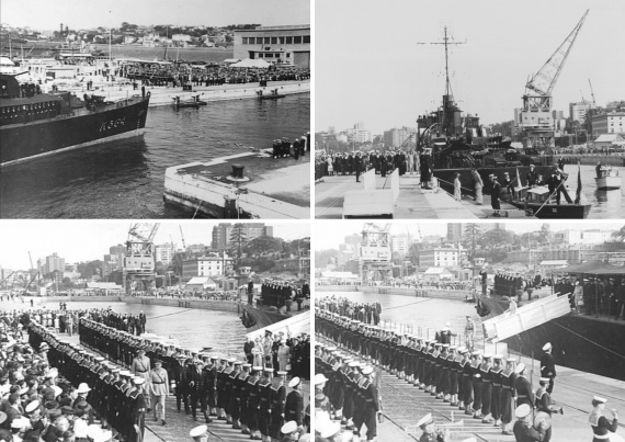 Top Left: Lachlan entering Captain Cook Graving Dock for the dock’s opening ceremony at Garden Island, Sydney 24 March 1945 (AWM 041215). Top Right: HMAS Lachlan with Royal Highnesses, dignitaries, officers and ship. Bottom Left: The Duke of Gloucester, Governor-General of Australia, accompanied by members of the official party, inspects the guard of honour (AWM 087738). Bottom Right: The Duke of Gloucester, Governor-General of Australia, accompanied by the Duchess and members of the official part, come ash