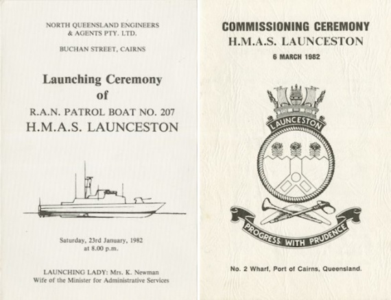 Left: The pamphlet from the launching of HMAS Launceston II on 23 January 1982. Right: The pamphlet from the commissioning ceremony of HMAS Launceston II on 6 March 1982 at No. 2 Wharf, Port of Cairns, Queensland.