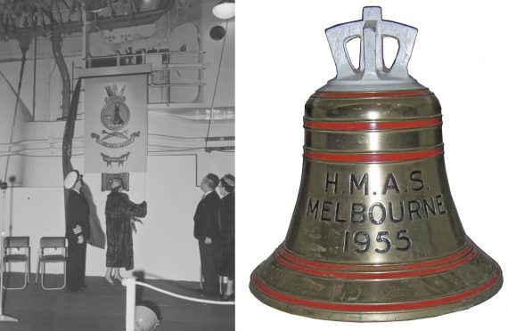 Left: Lady White unveils Melbourne's ship's badge. Right: Melbourne's bell.