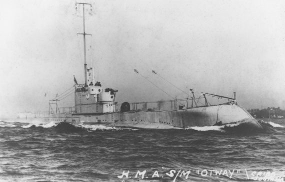 HMAS Otway at sea. Note the 4-inch gun mounted forward of the conning tower.