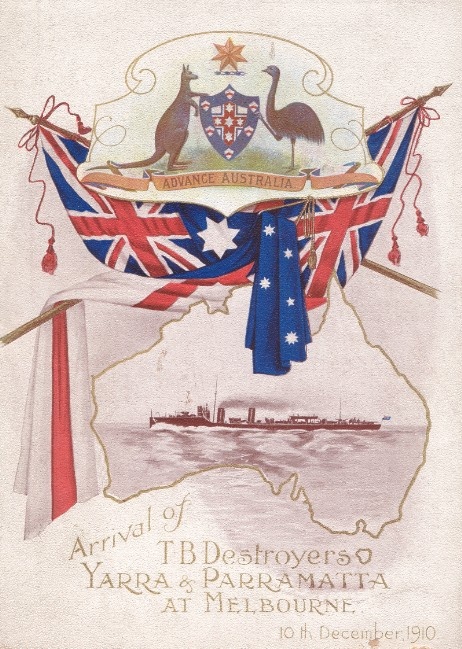 Front page of a booklet advertising the Arrival of HMAS Yarra and Parramatta to Melbourne