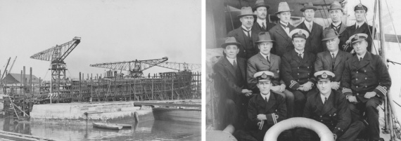 Left: Swan under construction on the slipway, 23 April 1915. Right: Officers of HMAS Swan and dockyard managers.