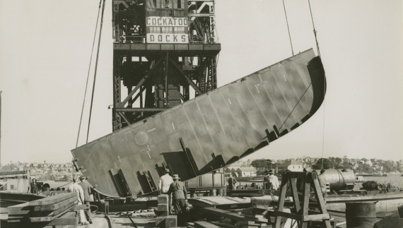 HMAS Vampire's keel being laid at Cockatoo Island Dockyard, 1 July 1952