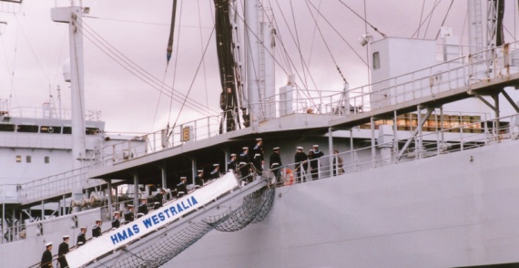 Westralia's commissioning crew crossing the gangway