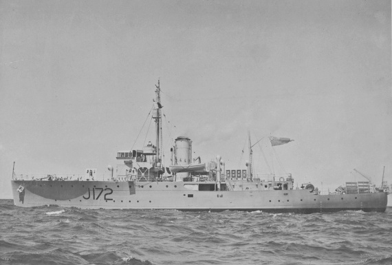 Wollongong at sea during acceptance trials. Note the 'Red' ensign flying from her mainmast.