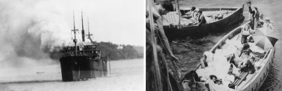 Left: The stricken merchant ship Norah Moller as seen from Hobart. Right: Hobart's boat's crews bringing wounded alongside for medical treatment.