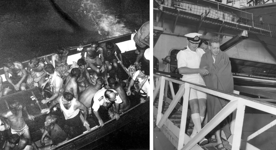 Left: One of HMAS Melbourne's boats with HMAS Voyager survivors aboard. Right: The survivors were disembarked from Melbourne when the carrier arrived back in Sydney on 12 February. (Surgeon Commander Brian Treloar helps Lieutenant Barry Tuke, RN, down the gangway).
