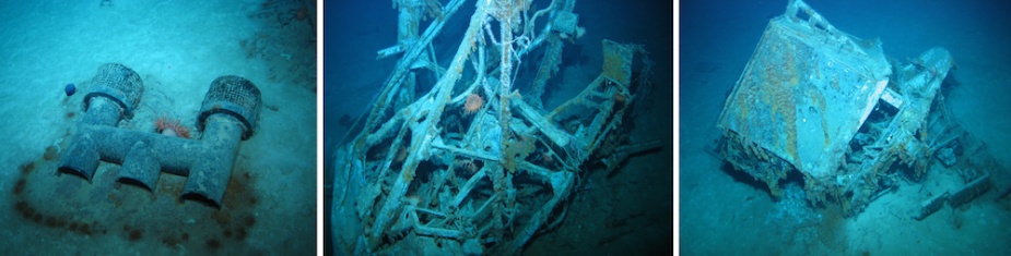 Left: One of the smoke stack that was once situated in the vicinity of the after searchlight platform lying in silt in the debris field. Middle: The lattice work support of the searchlight platform. Right: The remains of the aft control station lying on its side in the debris field.