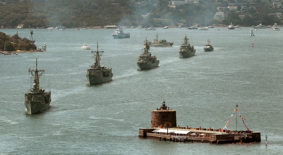 HMA Ships Sydney, Darwin, Perth, Parramatta, Bundaberg and Gascoyne sail into Sydney Harbour for the International Fleet Review 2013.