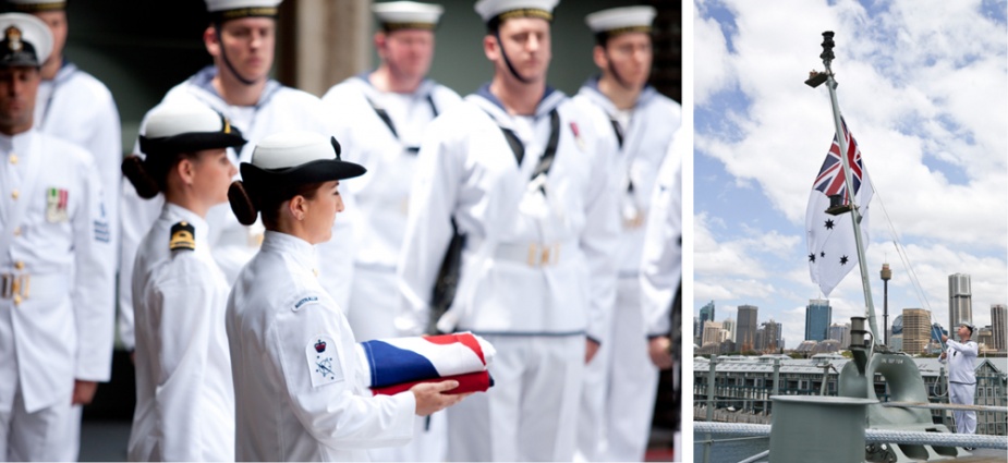 Left: Petty Officer Communication and Information Systems Chloe Oliver with the Australian White Ensign where it will be hoisted for the first time in the newly commissioned HMAS Canberra (III). Right: Leading Seaman Communications and Information Systems Stewart Thurlow raises the Australian White Ensign.
