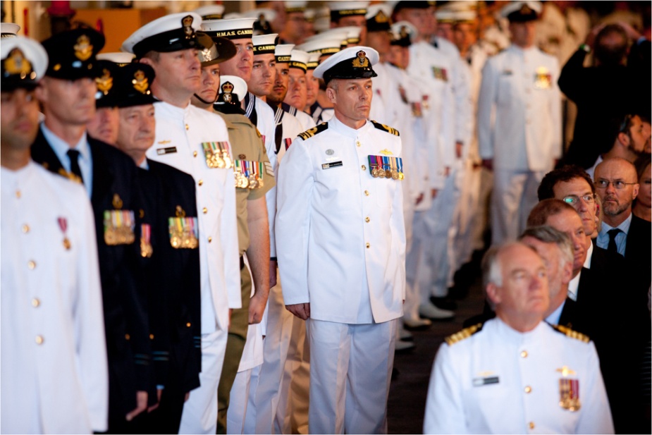 HMAS Canberra (II)'s ship's company during the commissioning ceremony held onboard HMAS Canberra (III) in Sydney. (ABIS Kayla Hayes)