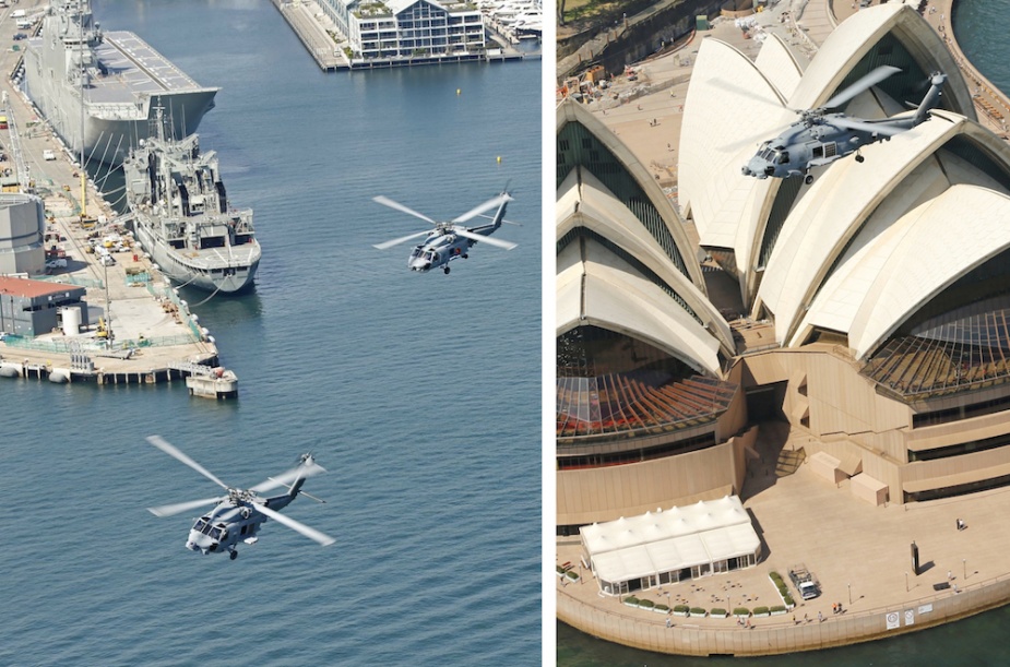 L-R: A Navy MH60R 'Romeo' Seahawk helicopter flies in company with a S-70-B2 'Bravo' Seahawk helicopter over Fleet Base East. HMAS Success and the Navy's newest ship, HMAS Canberra, can be seen in the background. A Navy MH60R 'Romeo' Seahawk helicopter flies over the Sydney Opera House during its inaugural Australian flight.