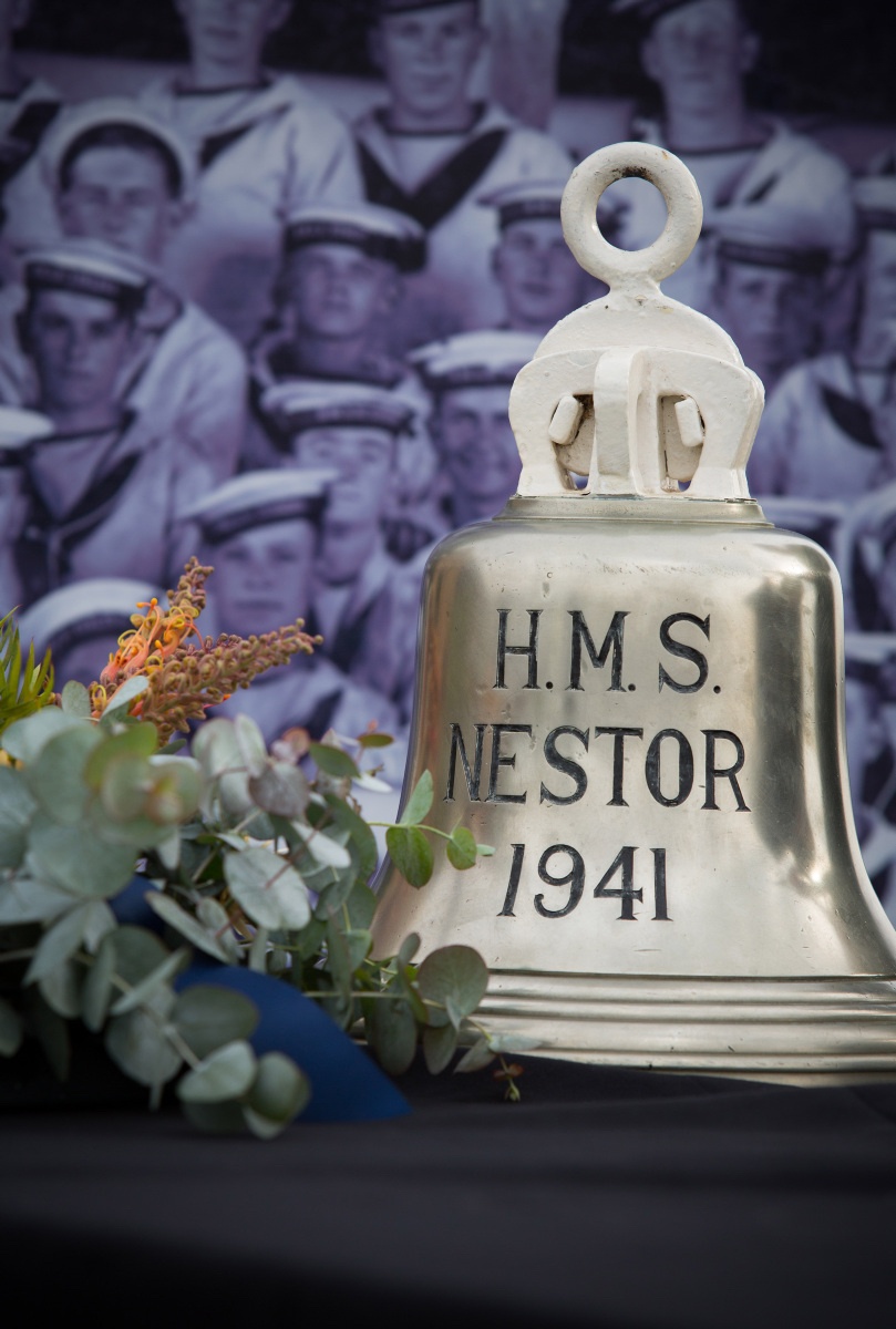Nestor's bell was placed on display on the occasion of the 75th anniversary of her sinking. In attendance were two survivors of the attack, Captain John Stephenson and Lieutenant Commander Ken Brown.