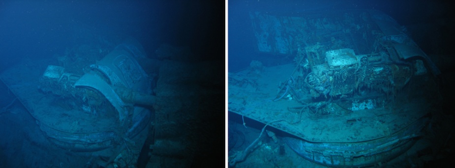 ‘A’ turret showed signs of severe damage with most of its protective gun housing destroyed. Visible in these pictures can be seen the breeches of the twin Mark XXI 6-inch guns.