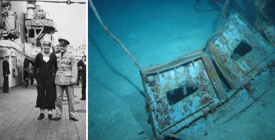 AB Martin James and Leading Aircraftman Keith Homard, pose on Sydney’s main deck. Visible in the background can be seen the distinctive boat crutches in which the ship’s boats were secured. The inboard boat crutch visible in this picture was located in the debris field as seen on the right.