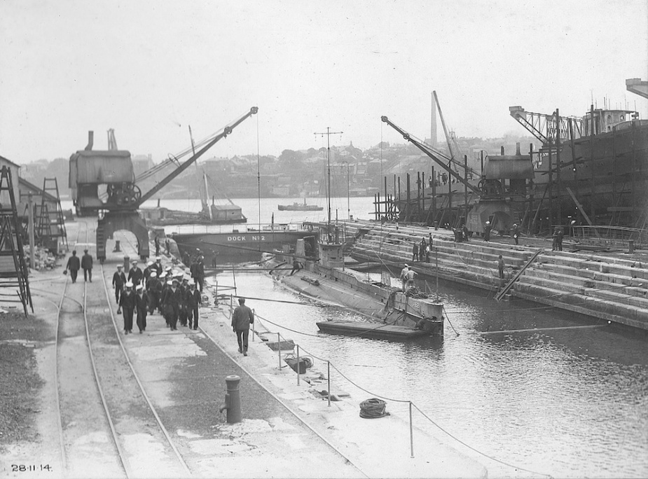 AE2 in Fitzroy Dock, Cockatoo Island, following her deployment as part of the ANMEF