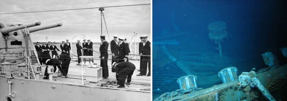 A fine view of Sydney's quarterdeck with a number of distinctive features such as bollards and a captstain visible. Right: These same features appear on this view of Sydney's quarterdeck which has long since imploded, most likely due to a weakend state and the pressure at a depth of more than two kilometres. 