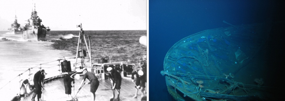 Ratings scrubbing the quarterdeck in happier times. Right: The imploded quarter deck as it rests today