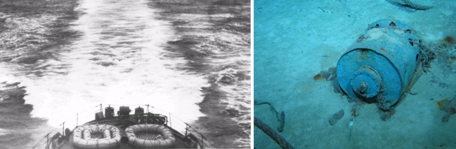 Another view of Sydney's quarterdeck with smoke generators clearly visible. Right: One of Sydney's smoke generators lying in silt in the debris field