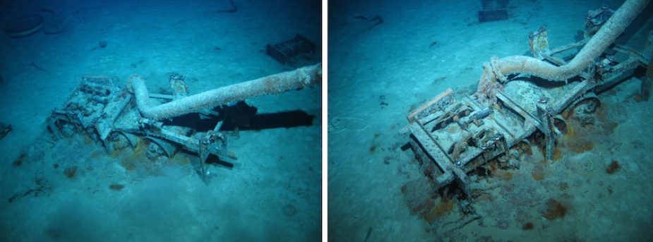 Sydney's depth charge rack with charges still in place lying inverted in the debris field astern of the main wreck