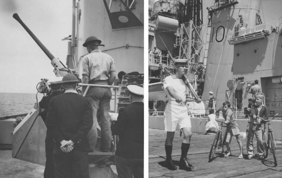 Left: Sailors from HMAS Anzac conducting Bofor training during workups, circa 1951. Right: An HMAS Anzac wharf sentry attracts some inquisitive onlookers.