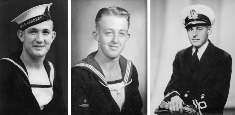 From left: Ordinary Seaman Frederick Francis Smith, Ordinary Seaman Colin Frederick Madigan and Lieutenant Lloyd Palmer, RANR.