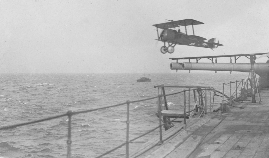 The moment of launch during an early aircraft trial conducted on board Australia.