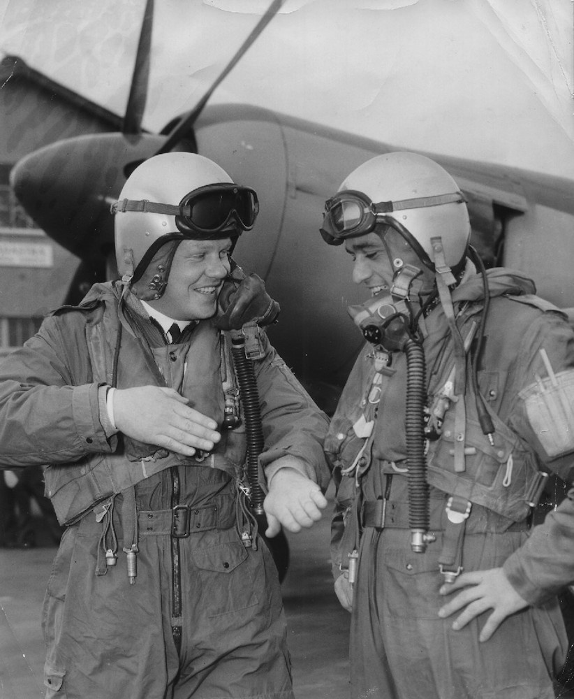 Lieutenants John Bluett, RN, and Peter McNay, RN, reliving their successful action against a pilotless Auster in 1955.