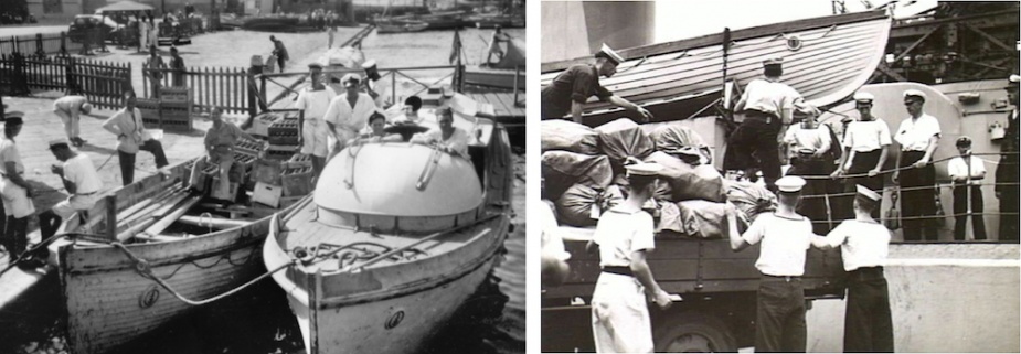 A cutter and motor boat from Sydney loading beer in Alexandria. Note the ships boat badge visible on the bows of both vessels.